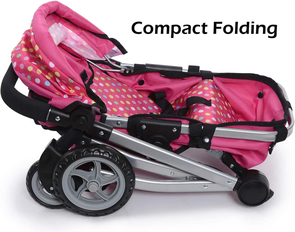 Foldable Pram for Baby Doll with Polka Dots Design with Swiveling Wheel Adjustable Handle