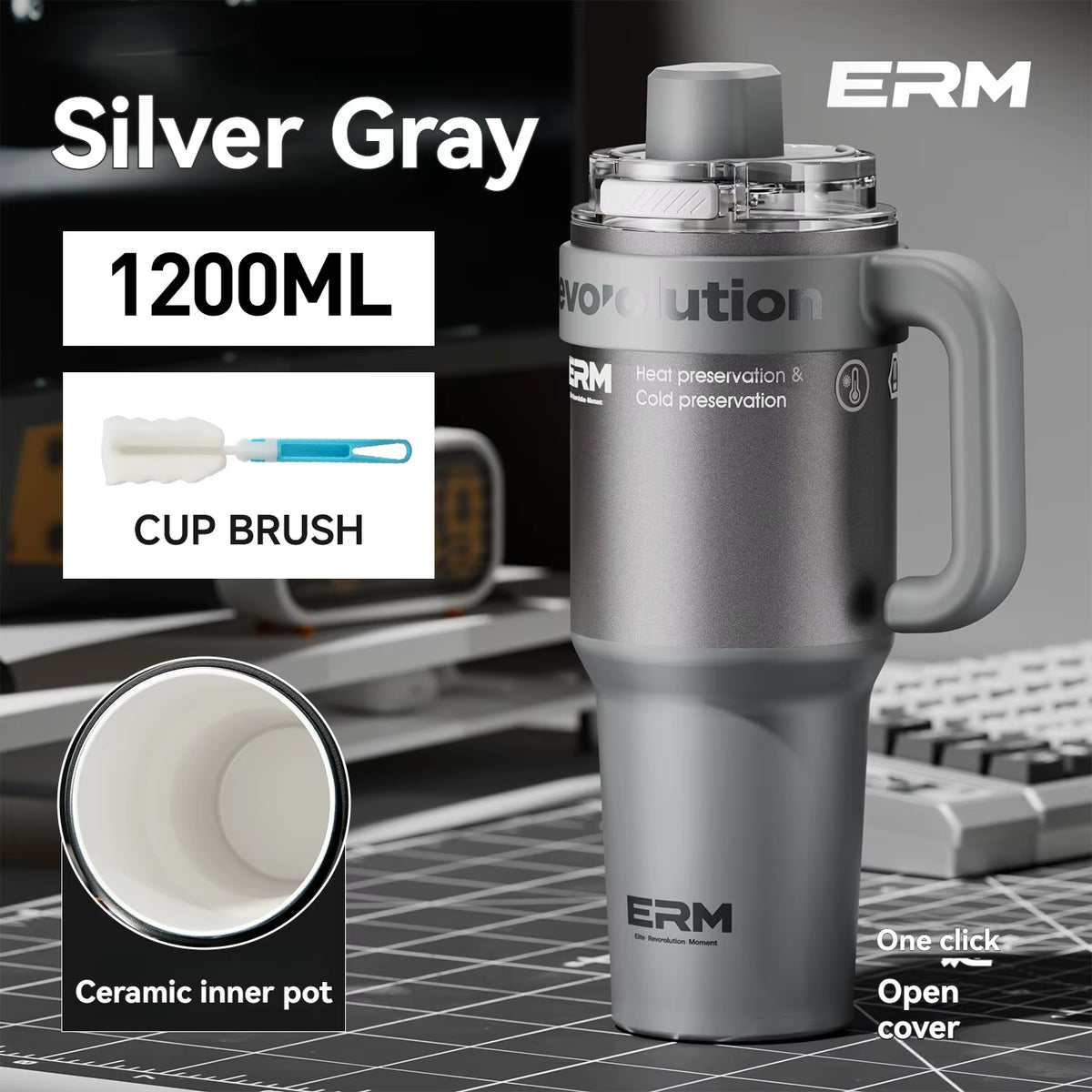 1200ML Extra Large Insulated Ceramic Tumbler with Stainless Steel Water Bottle, Vacuum Flask, Straw, Handle, and Leakproof Design