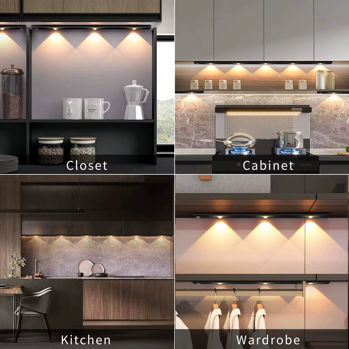 LED Ultra-Thin Wireless Under Cabinet Motion Sensor Lights with 3-Color Dimming for Kitchen, Bedroom, and Wardrobe