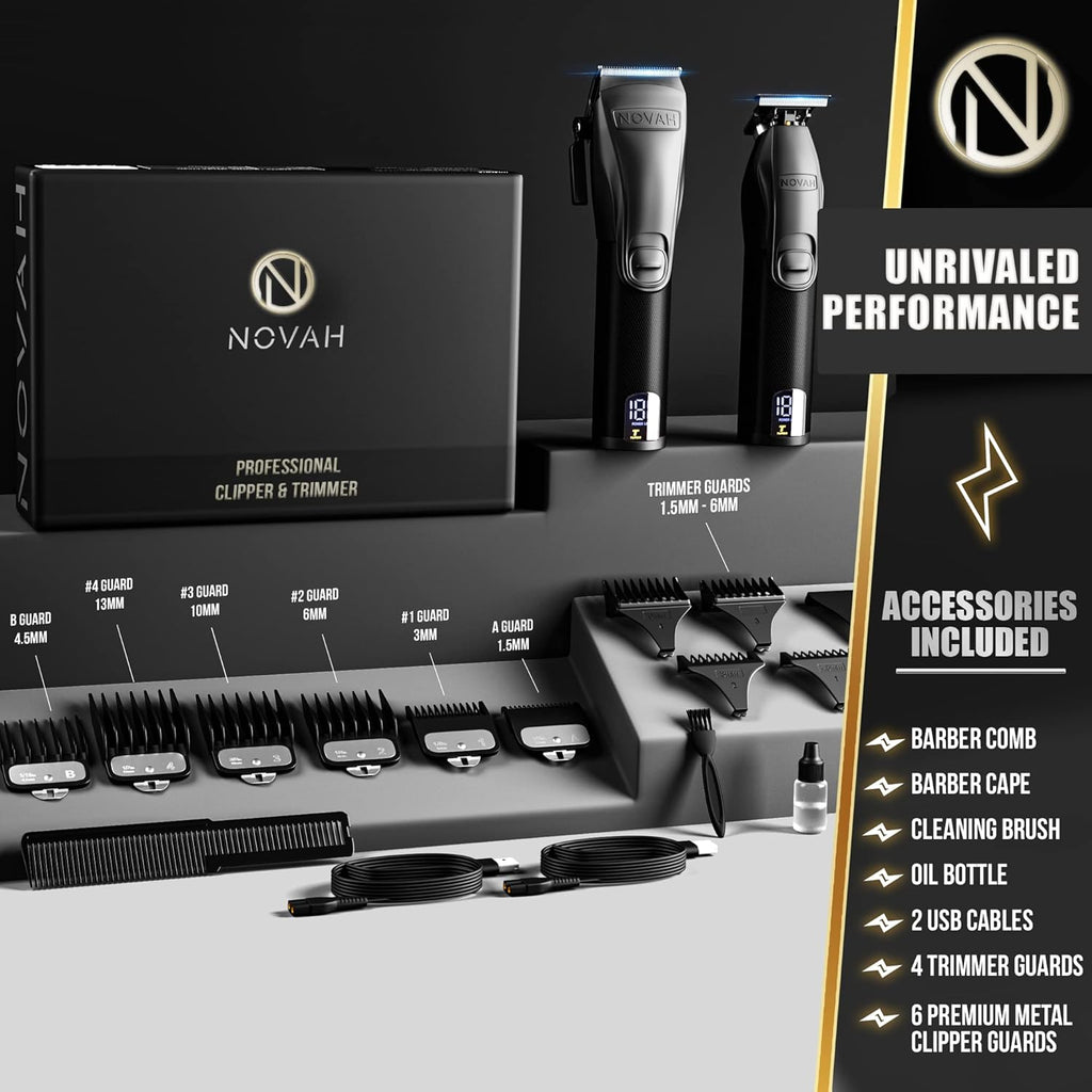 Novah® Professional Hair Clippers for Men, Professional Barber Clippers and Trimmer Set, Mens Cordless Hair Clipper for Barbers Haircut Kit Fade