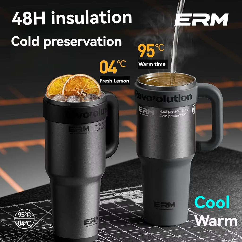 1200ML Extra Large Insulated Ceramic Tumbler with Stainless Steel Water Bottle, Vacuum Flask, Straw, Handle, and Leakproof Design