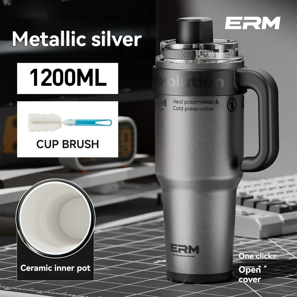 1200ML Extra Large Insulated Ceramic Tumbler with Stainless Steel Water Bottle, Vacuum Flask, Straw, Handle, and Leakproof Design
