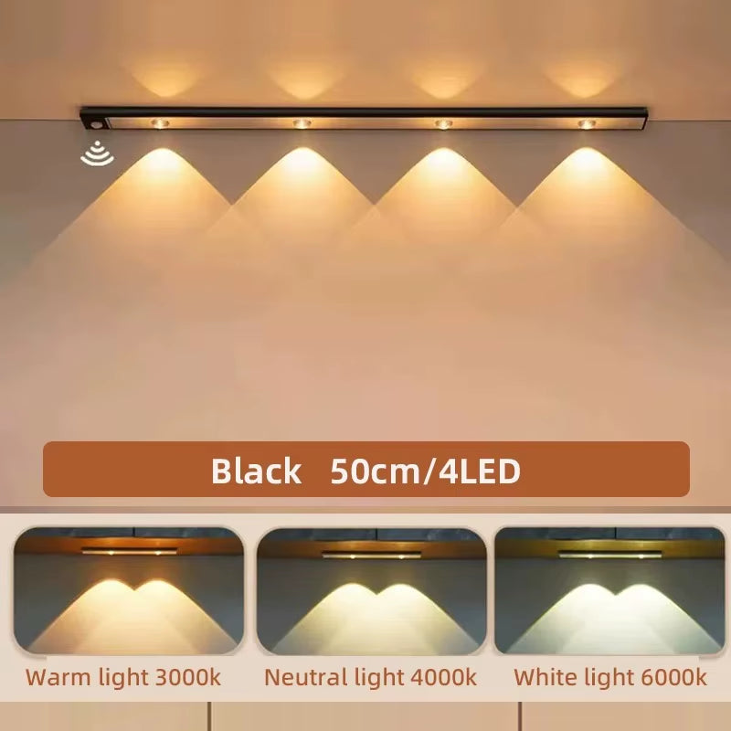 LED Ultra-Thin Wireless Under Cabinet Motion Sensor Lights with 3-Color Dimming for Kitchen, Bedroom, and Wardrobe