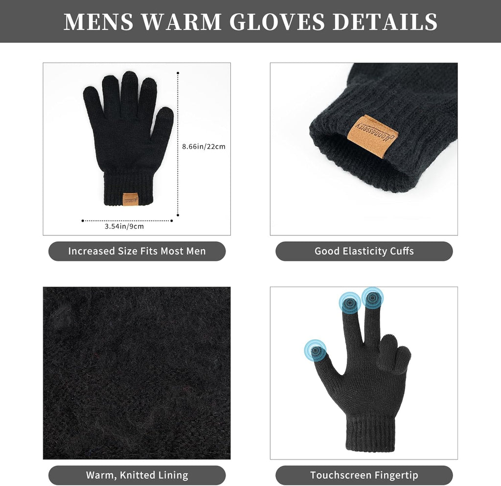 Winter Beanie Hats Long Neck Scarf for Men and Touchscreen Gloves 3PCS Set