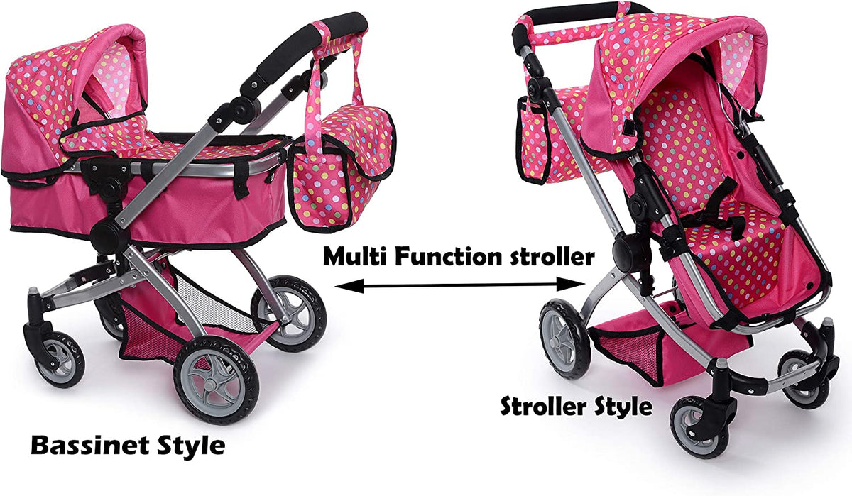 Foldable Pram for Baby Doll with Polka Dots Design with Swiveling Wheel Adjustable Handle