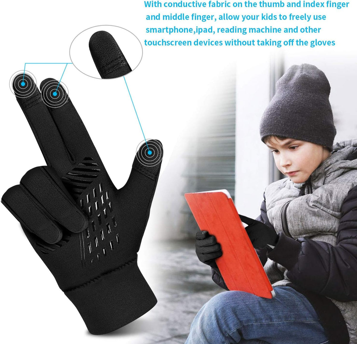 Kids Gloves Winter Waterproof Coating Warm Thick Fleece Touchscreen Anti-Slip for Boys Girls 3-15 Years Cycling School