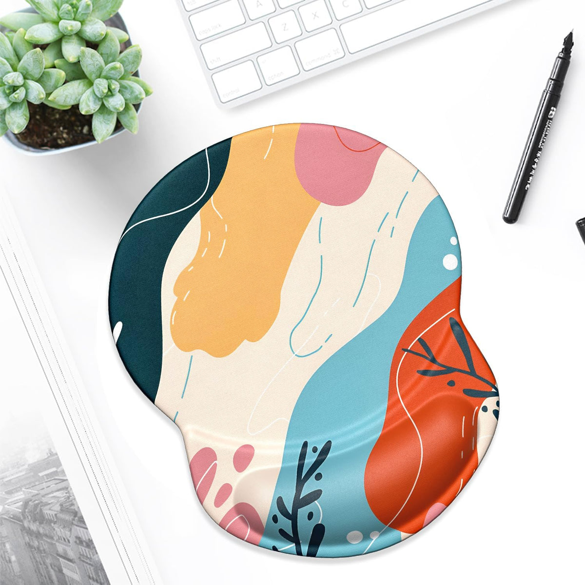Ergonomic Mouse Pad with Gel Wrist Support Small Wrist Rest Smooth Surface Non-Slip PU Base Comfortable Office Supplies Pain Relief, 8.7 X 7.2 Inches, Art Style Pattern