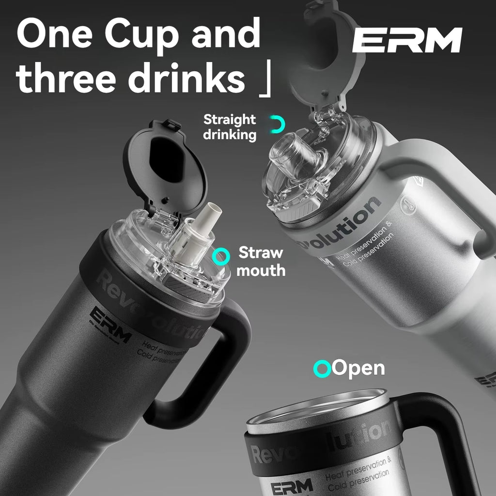 1200ML Extra Large Insulated Ceramic Tumbler with Stainless Steel Water Bottle, Vacuum Flask, Straw, Handle, and Leakproof Design