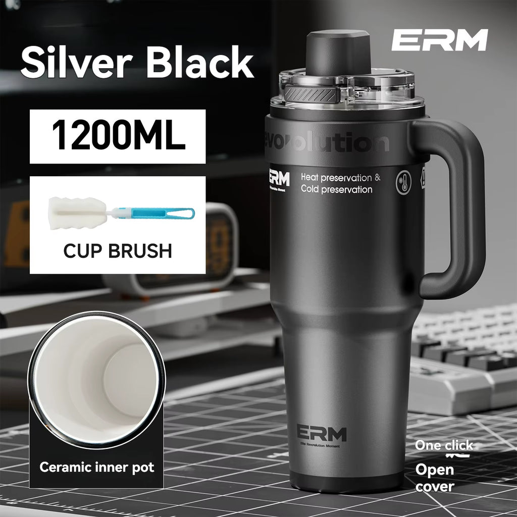 1200ML Extra Large Insulated Ceramic Tumbler with Stainless Steel Water Bottle, Vacuum Flask, Straw, Handle, and Leakproof Design