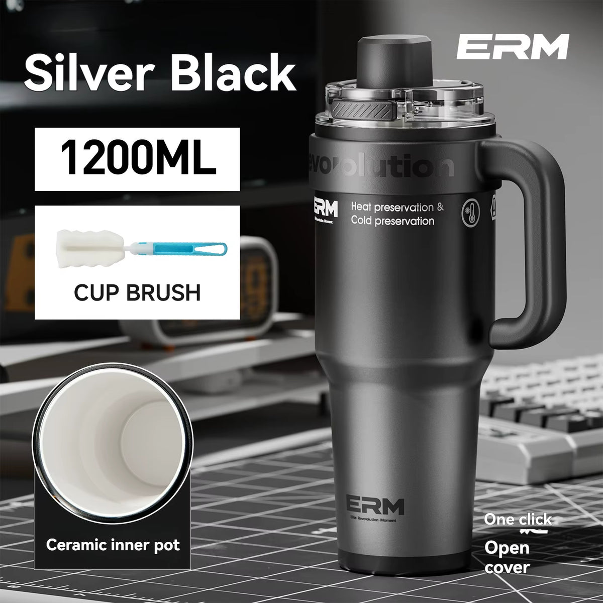 1200ML Extra Large Insulated Ceramic Tumbler with Stainless Steel Water Bottle, Vacuum Flask, Straw, Handle, and Leakproof Design
