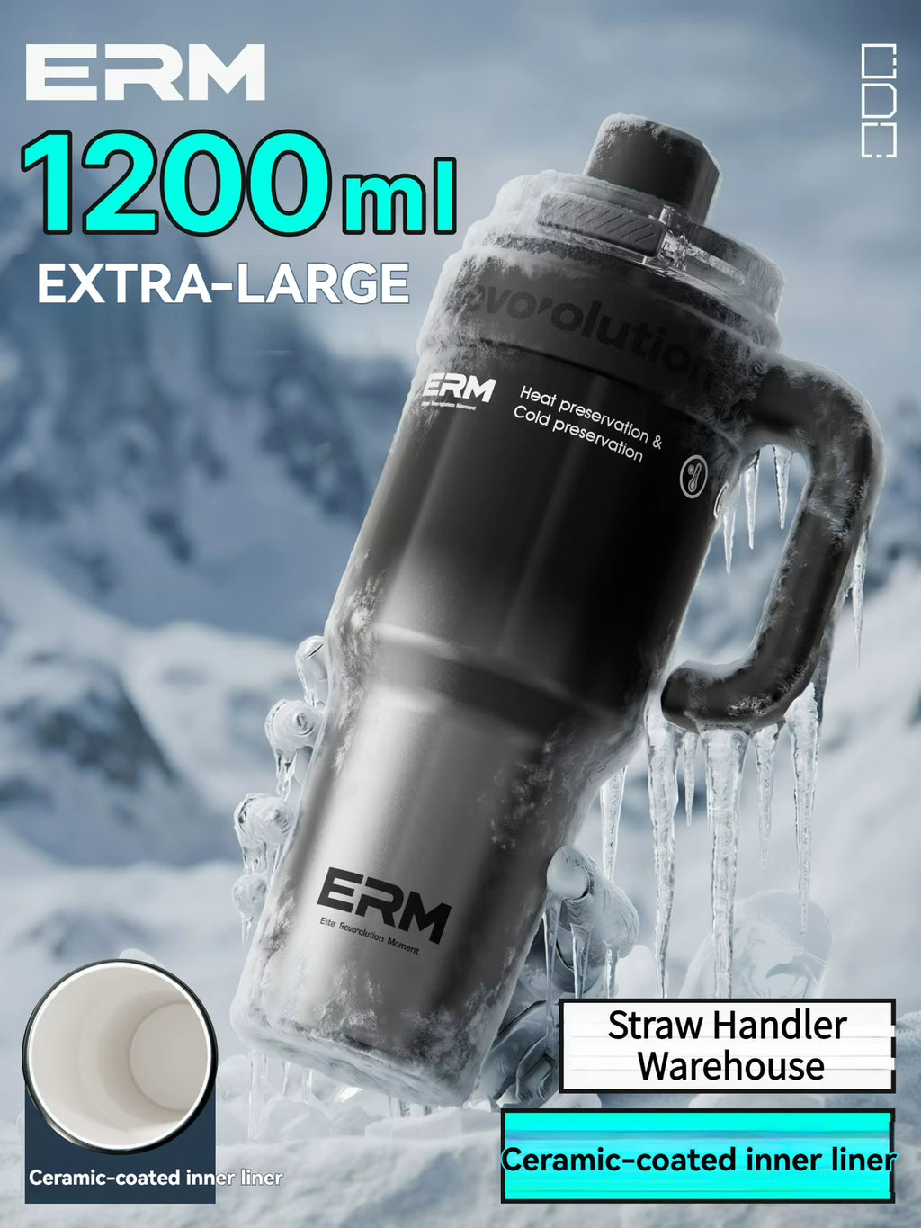 1200ML Extra Large Insulated Ceramic Tumbler with Stainless Steel Water Bottle, Vacuum Flask, Straw, Handle, and Leakproof Design