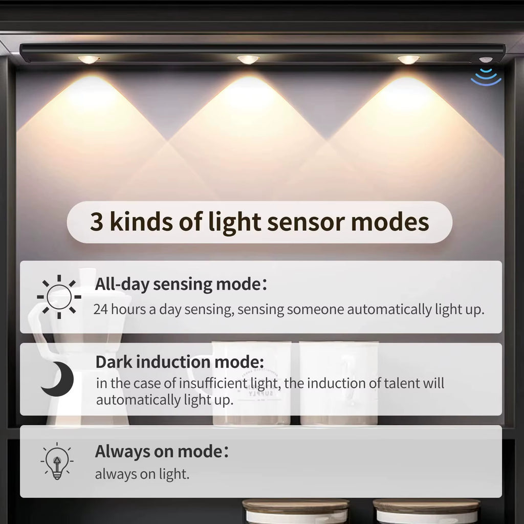LED Ultra-Thin Wireless Under Cabinet Motion Sensor Lights with 3-Color Dimming for Kitchen, Bedroom, and Wardrobe