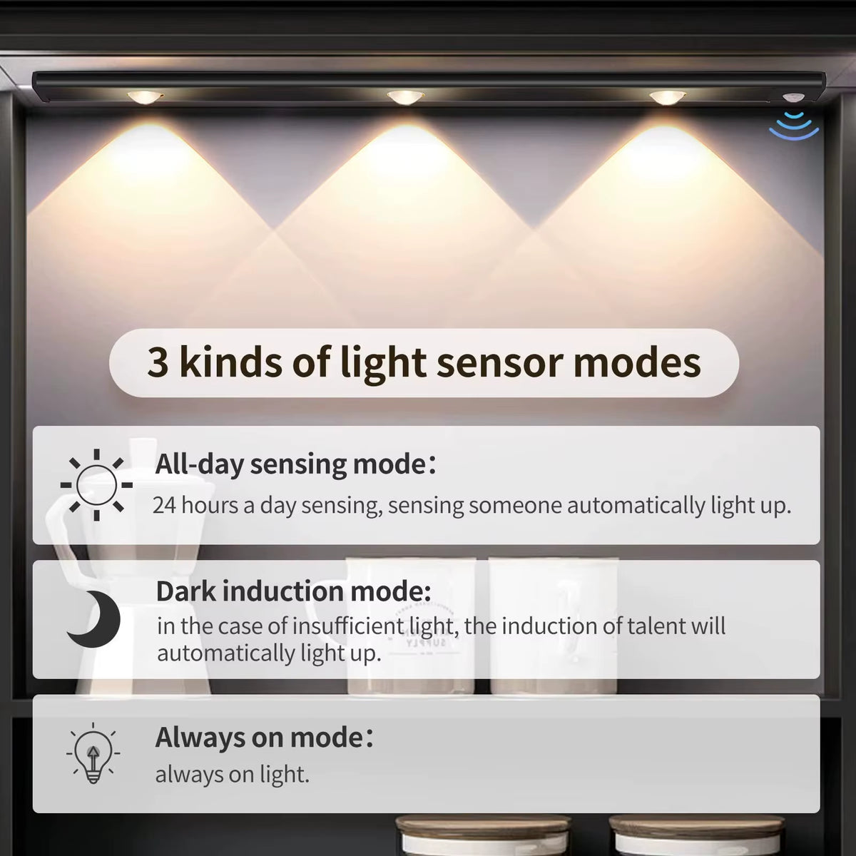 LED Ultra-Thin Wireless Under Cabinet Motion Sensor Lights with 3-Color Dimming for Kitchen, Bedroom, and Wardrobe