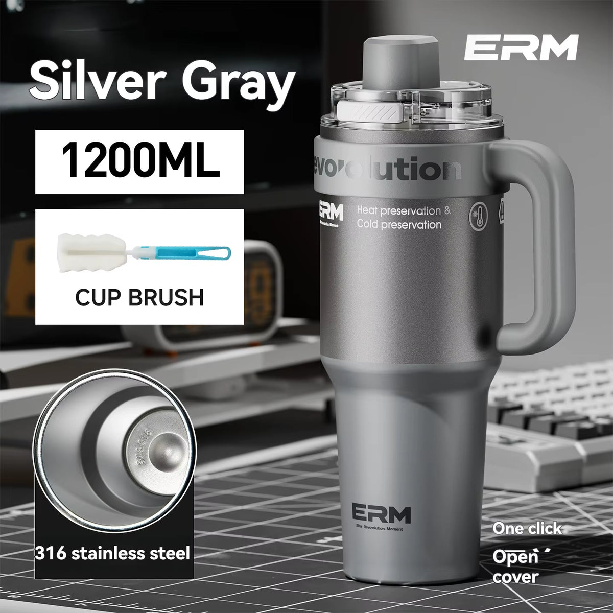 1200ML Extra Large Insulated Ceramic Tumbler with Stainless Steel Water Bottle, Vacuum Flask, Straw, Handle, and Leakproof Design