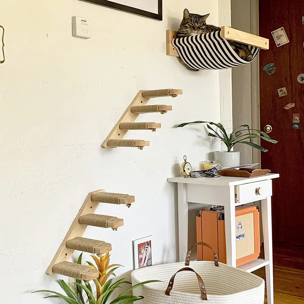 Cat Wall Climbing Shelf Steps Ladder Scratching Post Scratcher Bed Hiding House for Cats Tree Tower Pet Furniture Accessories