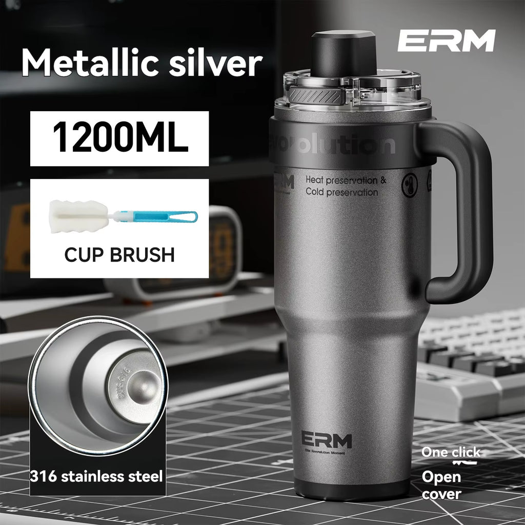1200ML Extra Large Insulated Ceramic Tumbler with Stainless Steel Water Bottle, Vacuum Flask, Straw, Handle, and Leakproof Design