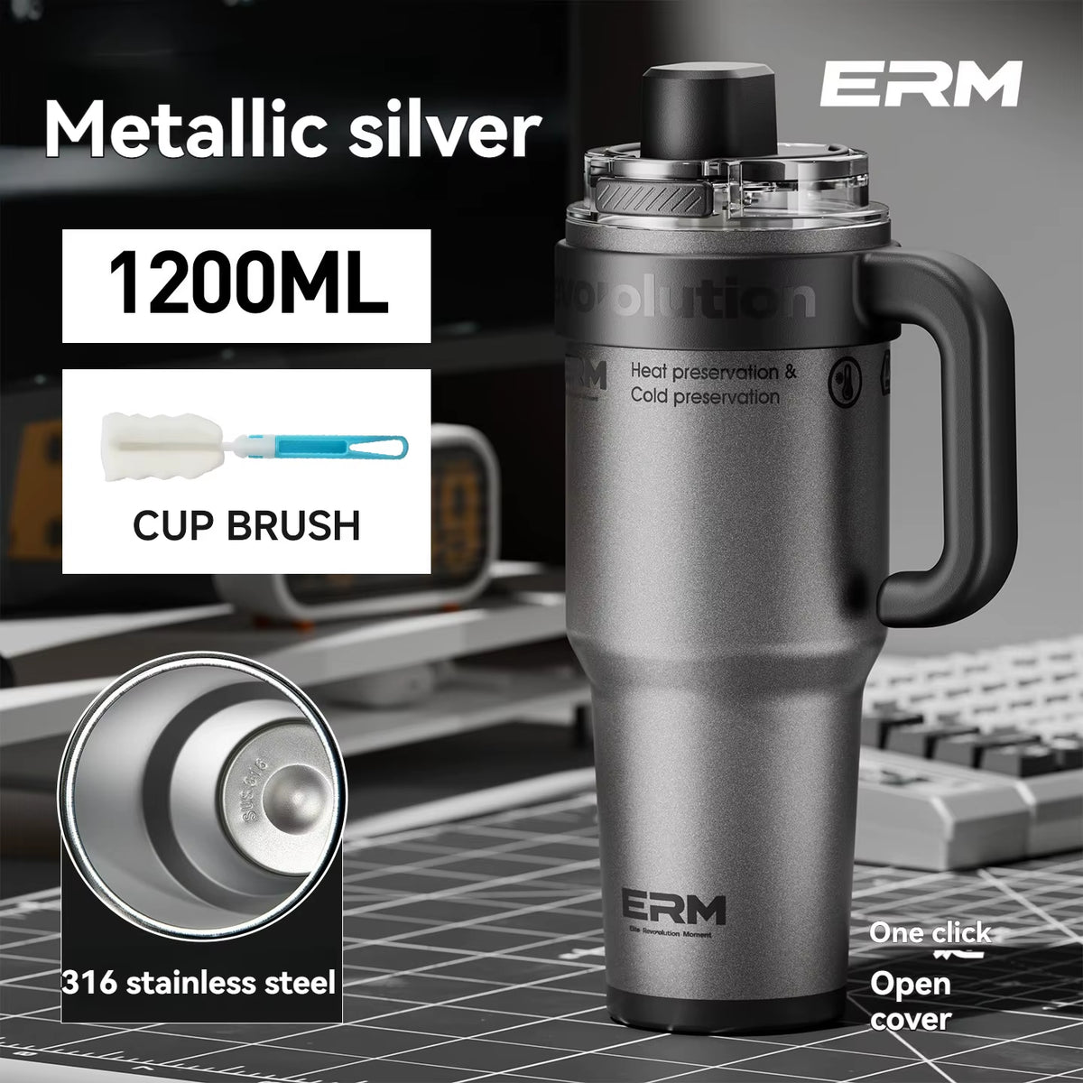 1200ML Extra Large Insulated Ceramic Tumbler with Stainless Steel Water Bottle, Vacuum Flask, Straw, Handle, and Leakproof Design