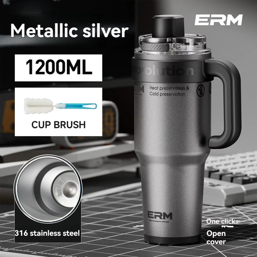 1200ML Extra Large Insulated Ceramic Tumbler with Stainless Steel Water Bottle, Vacuum Flask, Straw, Handle, and Leakproof Design