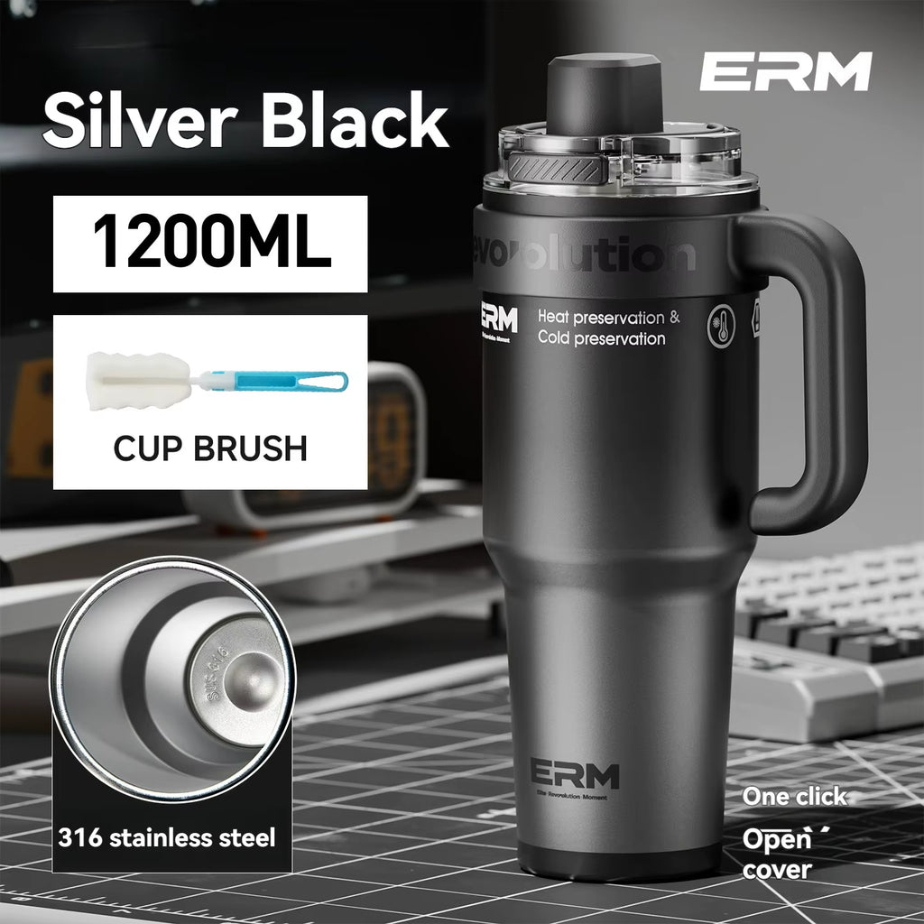 1200ML Extra Large Insulated Ceramic Tumbler with Stainless Steel Water Bottle, Vacuum Flask, Straw, Handle, and Leakproof Design
