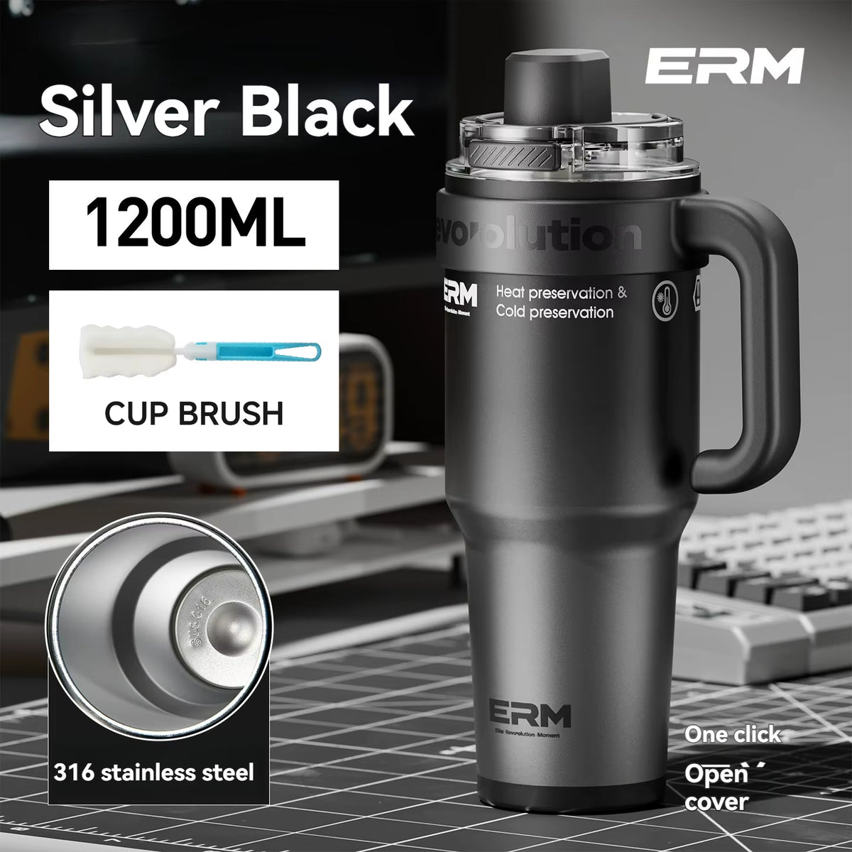 1200ML Extra Large Insulated Ceramic Tumbler with Stainless Steel Water Bottle, Vacuum Flask, Straw, Handle, and Leakproof Design